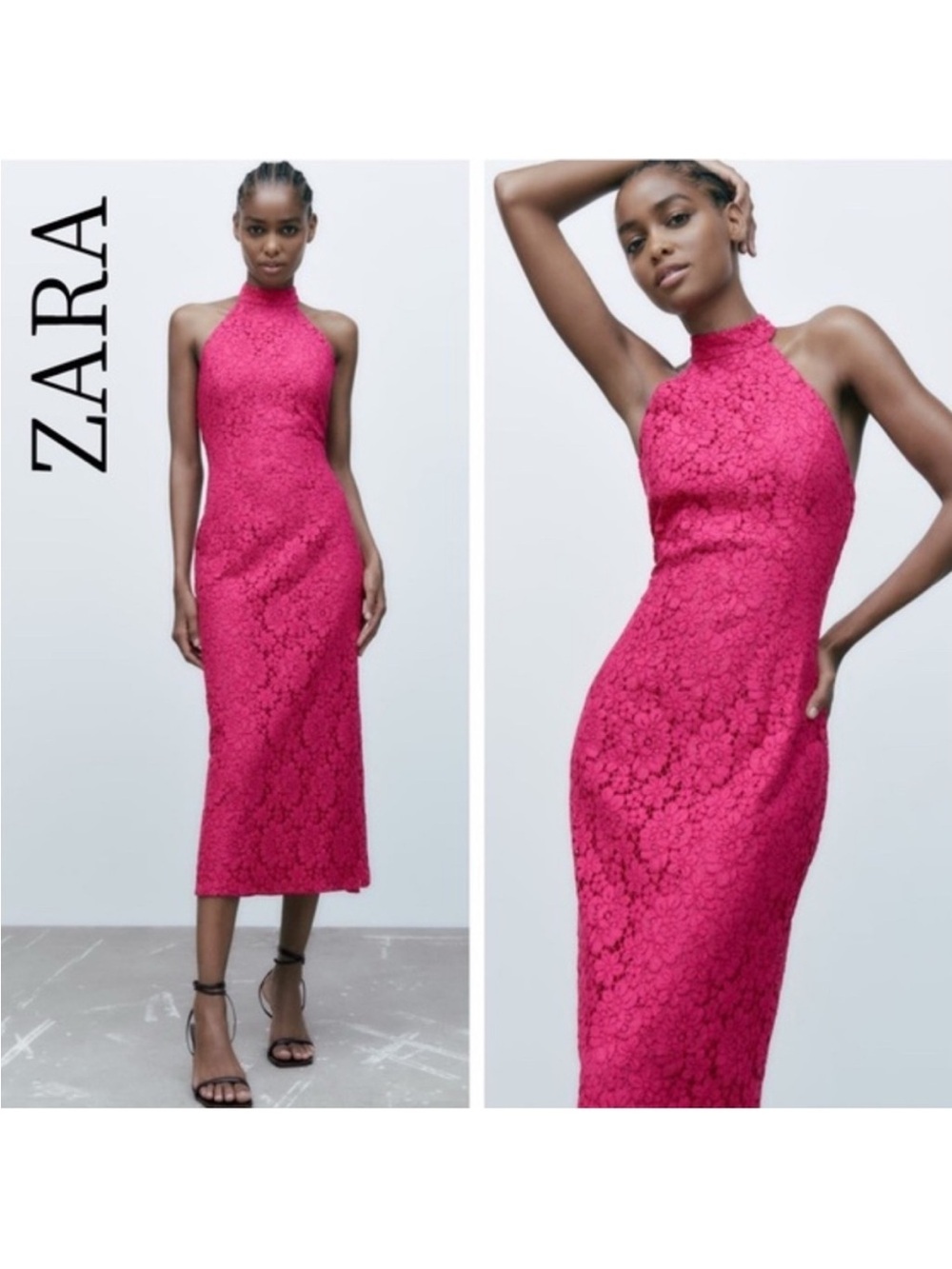 ZARA Pink Lace Halter Neck Midi Dress Small Sheath Cocktail Party